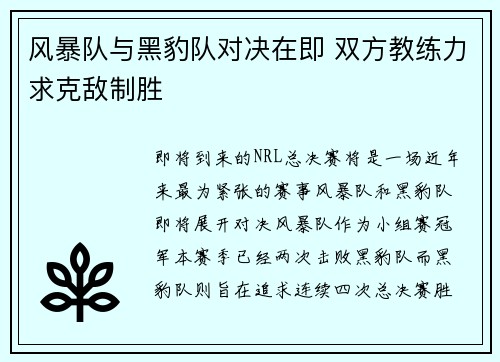 风暴队与黑豹队对决在即 双方教练力求克敌制胜